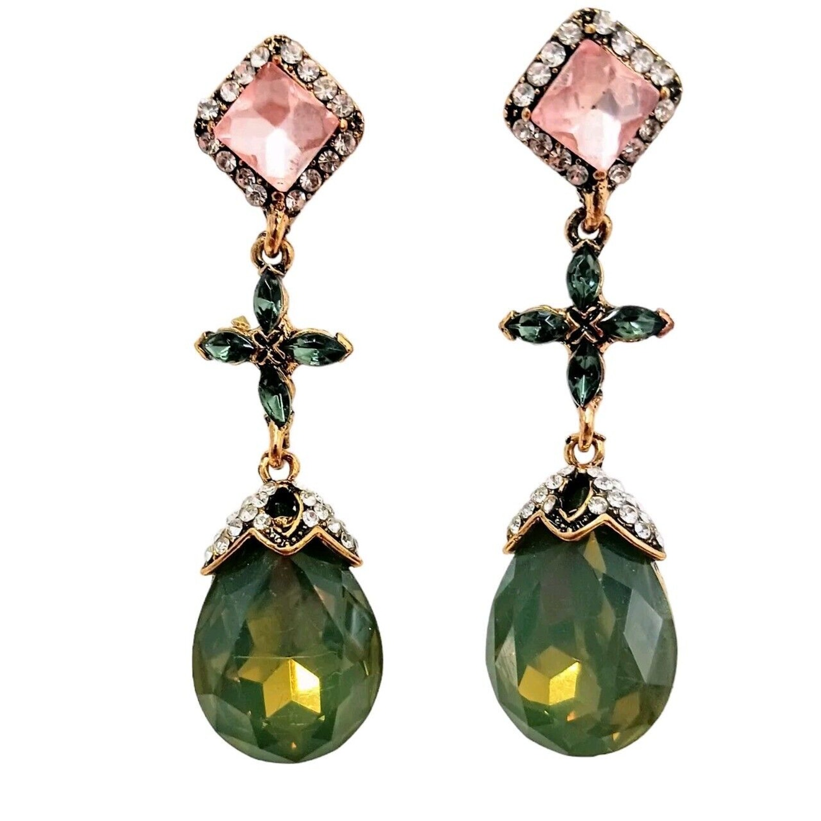 Elegant Drop Earrings Simulated Emerald Diamonds Pink Sapphire Formal Glam Luxe